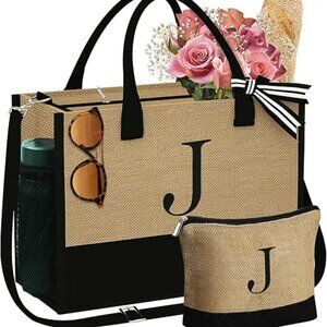Initial Jute Tote Bag & Makeup Bag, Birthday Gifts for Women Her Mom Teacher